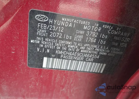 2012 Hyundai Elantra Limited (Ulsan Plant) из США, поврежденный, VIN KMHDH4AE9CU464554